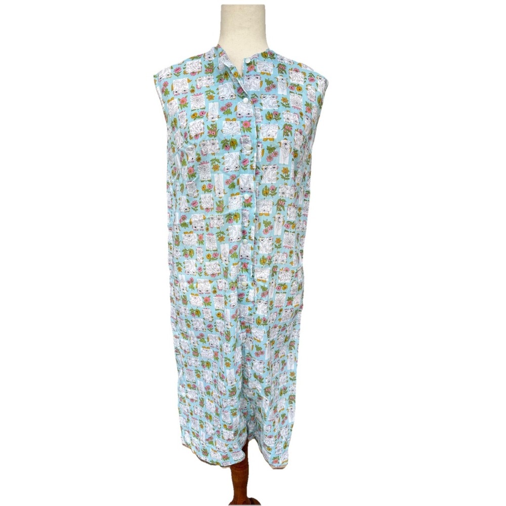 Vtg House Coat Robe Patio Mumu Dress Blue Maxi 70s Floral Geometric Small Medium